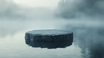 Wall Mural - Round stone pedestal on calm water, cloaked in swirling mist and faint ambient light 