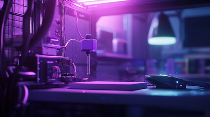 A lab with a purple light and a phone on a desk