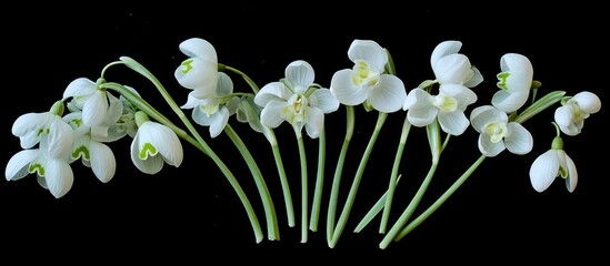 Sticker - Snowdrop flowers arrangement isolated on black background showcasing delicate white petals and green accents in natural beauty.