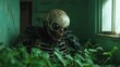 ©  lukaPixMedia - An eerie skeletal figure stands entrenched in green overgrowth within an abandoned building, presenting a haunting vision of nature overtaking man-made spaces.