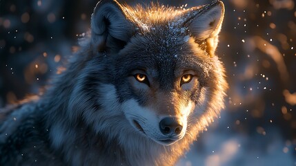 Fototapete - Majestic wolf gazing calmly in a golden sunlit autumn forest wallpaper image