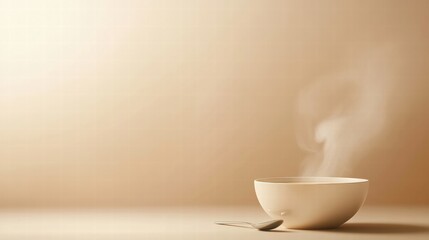 Leinwandbilder - Warm soup bowl with gentle steam and a spoon on a minimalist surface showcasing inviting ambiance for meal time. Generative AI