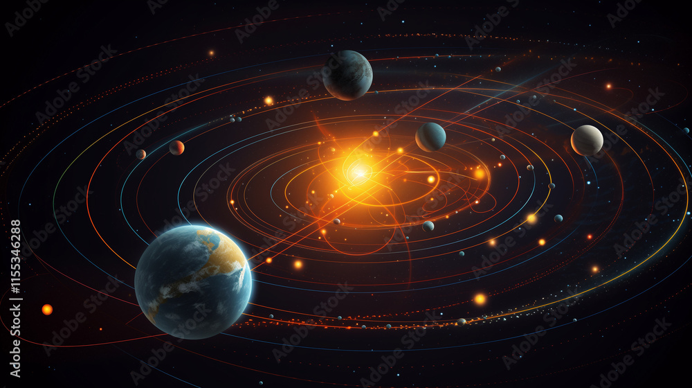 Multistar System Artistic rendering of a star system. Multiple planets of varying sizes ...