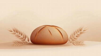Poster - Minimalist loaf of bread surrounded by wheat grains with ample copy space for text. Generative AI