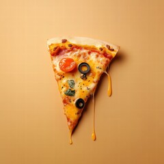 Poster - Stylized pizza slice with vibrant toppings and cheese drips on minimalist background for creative mock up. Generative AI