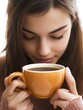 © Generative AI - Serene Woman Enjoying a Warm Beverage in Cozy Atmosphere with Orange Mug : Generative AI