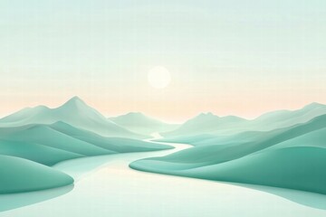 Poster - Winding river through a serene mountain range with minimalist landscape design and ample space for text. Generative AI