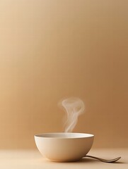 Leinwandbilder - Warm soup bowl with steam curls and a spoon on minimalistic background perfect for inviting dining atmosphere. Generative AI