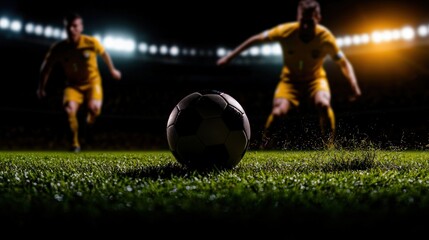 Wall Mural - Soccer players poised to kick ball at night stadium.