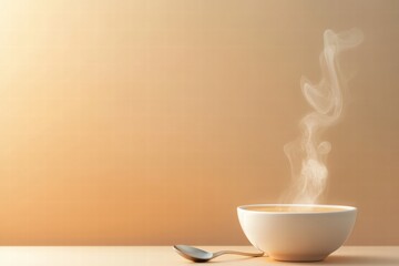 Aufkleber - Warm soup bowl with steam curls and spoon on a minimalist background in a cozy setting for relaxation. Generative AI