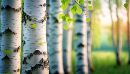 Wall Mural - Rows of birch trees stand gracefully in a serene setting, their white bark illuminated by soft sunlight