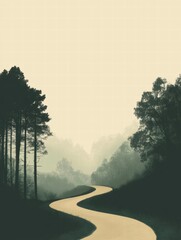 Poster - Winding forest path through misty trees invites exploration and tranquility in a serene natural setting. Generative AI