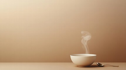 Fototapete - Inviting soup bowl with steam curls resting on a minimalist table setting. Generative AI