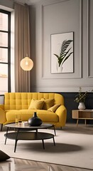 Wall Mural - Modern interior design of scandinavian apartment living room with yellow sofa sideboard and black armchair 3d animation rendering 4K vertical