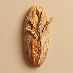 Poster - Minimalist bread loaf with wheat grains on a neutral background offering copy space for text. Generative AI