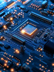 Fototapete - Hightech Circuit Board with Glowing Microchip and Blue Connections : Generative AI