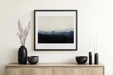 Leinwandbilder - A framed minimalist landscape artwork with dark tones is displayed on a light wood cabinet, accompanied by black bowls and a black vase with dried branches.