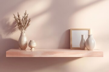 Aufkleber - A soothing pink-themed decor with a floating shelf, three white ceramic vases of various sizes, and a simple frame, creating a gentle and minimal ambiance.