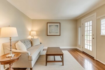 Poster - Minimalist living room showcasing a simple sofa, wooden table, and two lamps that provide a warm and ambient light, creating a serene and peaceful atmosphere.