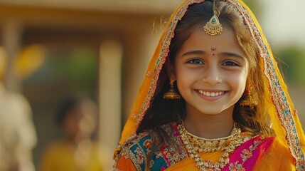 A young Indian girl in colorful ethnic attire, smiling warmly, set against the cultural richness of a rural village.