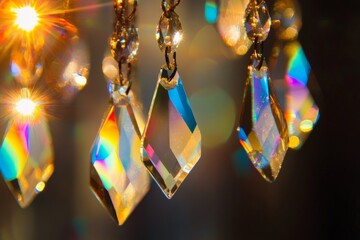 Fototapete - Colorful prisms hang gracefully, refracting light into rainbow hues, capturing the observer with their dazzling play of colors and elegant, sparkling charm.