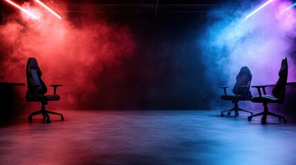 A dramatic gaming setup featuring two racing-style gaming chairs facing each other amid red and blue atmospheric lighting, embodying competitive gaming culture feel.