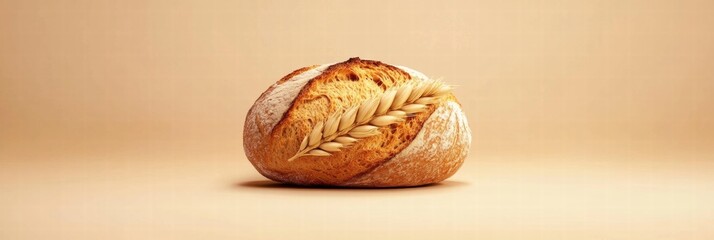 Fototapete - Minimalist bread loaf with wheat grains placed on a soft neutral backdrop for creative design use. Generative AI