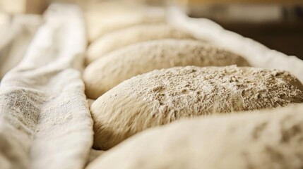 Wall Mural - Dough loaves resting under a cloth, ready for baking.