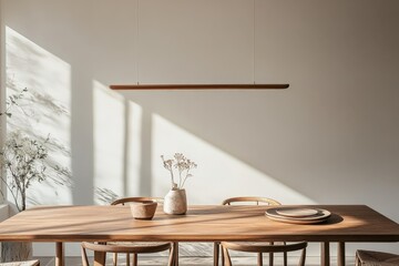 Poster - A dining room suffused with warm sunlight, featuring minimalist wooden decor and furnishings, creating an inviting and natural dining environment.