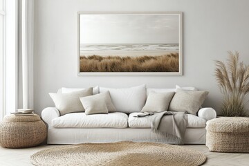 A cozy living room with neutral-toned decor, featuring a comfortable white couch with cushions and a large framed beach landscape artwork on the wall.