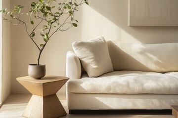 Poster - A cozy living room features a cream sofa and lively green plant with natural light illuminating the neutral tones, creating a warm and inviting space.