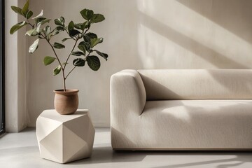 Aufkleber - A sleek, modern sofa alongside a faceted geometric table and greenery, capturing the serene essence of minimalist interior design in sunlit calm.