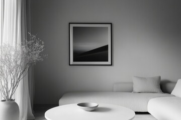 Aufkleber - A monochrome living room features a minimalist black and white framed artwork above a contemporary sofa and table, accented by gentle natural light and decor.