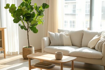 Aufkleber - A bright living room featuring a cozy light-colored sofa, a large potted plant, and soft cushions, creating a welcoming and refreshing environment.