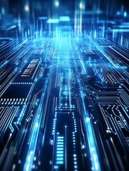 Fototapete - Futuristic Digital Blue Circuit Board with Glowing Tech Elements : Generative AI