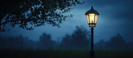  Illuminated vintage lamp post in a tranquil evening setting surrounded by soft grass and trees against a moody night sky