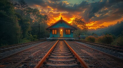 Wall Mural - Scenic sunset view of a small train station nestled between lush green hills and vibrant sky.