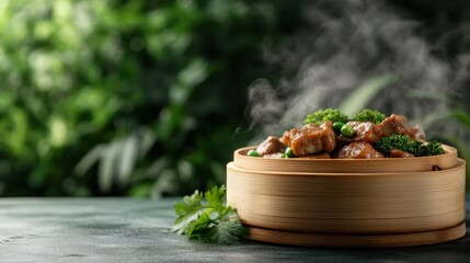 A flavorful steamed meat dish is artistically arranged in a round bamboo bowl, enriched with green garnish and exuding a delightful aroma in a lush green setting.