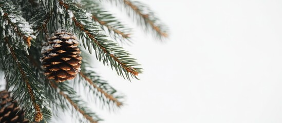 Wall Mural - spruce cones hanging from snowy branches against a white background evoking a serene winter atmosphe