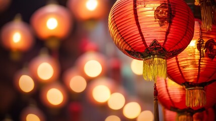 Poster - Traditional Red Lanterns Illuminated During a Festive Night : Generative AI