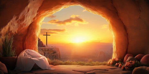 Wall Mural - A beautiful sunrise illuminates the empty tomb with a cross in the background, symbolizing resurrection, renewal, and hope during Easter, inspiring many during this time of reflection and joy