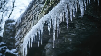 Wall Mural - Icicles hanging from a limestone arch of a Suspension bridge in Wales surrounded by trees in a serene winter landscape