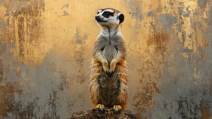 Wall Mural - Alert Meerkat Standing Tall Against a Textured Golden Background