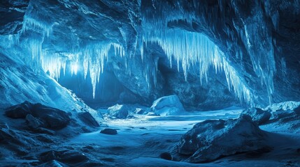 Wall Mural - Ice formations in a stunning cave chamber illuminated by blue light creating an ethereal atmosphere of natural beauty and tranquility