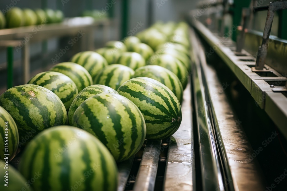 Line Loading Watermelons The image shows a close-up view of watermelons aligned neatly on a ...