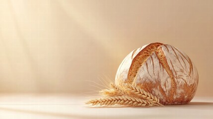 Fototapete - Minimalist bread loaf with wheat grains on neutral background showcasing copy space for text and message placement. Generative AI