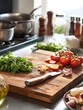 © Generative AI - Fresh Basil and Tomatoes on Rustic Cutting Board for Italian Cooking Inspiration : Generative AI