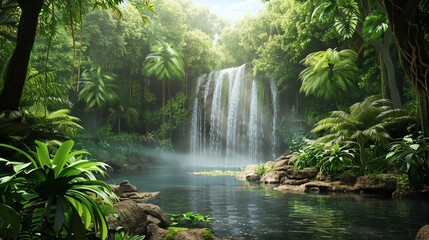 Wall Mural - A waterfall cascading into a tropical jungle pond.