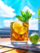 © AI Photo Stock - Iced Tea Lemon Mint Summer Refreshment - Refreshing iced tea, lemon, and mint on a sunny outdoor cafe table.  Summer vibes, relaxation, cool drink, vibrant colors, delicious beverage.
