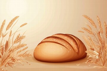 Fototapete - Minimalist bread loaf surrounded by wheat grains on a warm, neutral background offering space for text. Generative AI